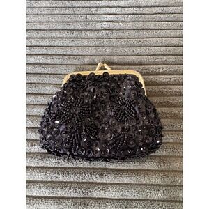Black Sequin Beaded‎ Mini Coin Purse Clutch Evening Bag Party